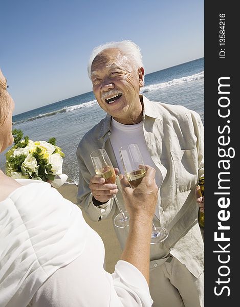 Senior newly weds toasting champagne at beach