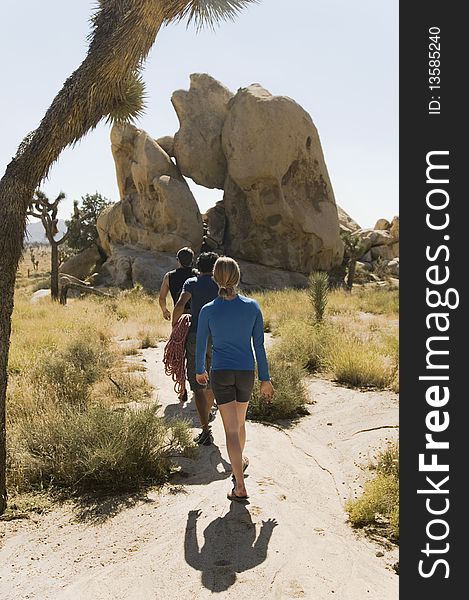 Three people walking through desert, back view