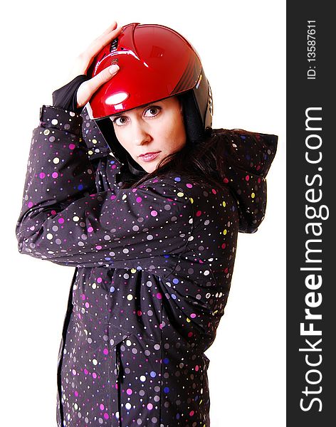Young attractive woman in red motorcycle helmet.