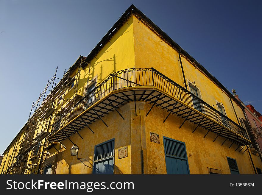 Yellow building facade in Old Havana