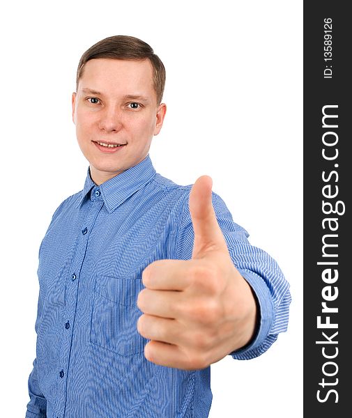 Man with thumb up isolated over white