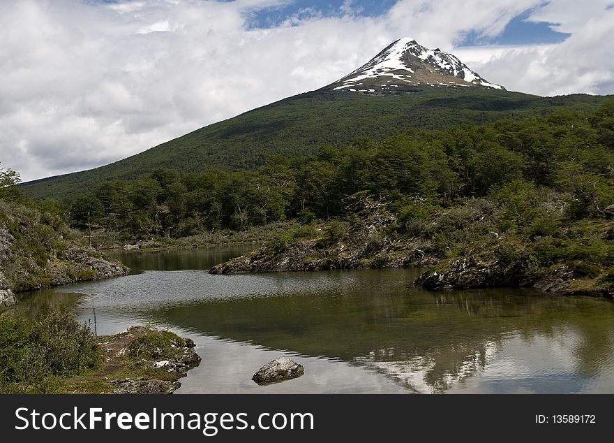 A well forested mountain with a snow covered peak - Tierra Del Fuego. A well forested mountain with a snow covered peak - Tierra Del Fuego