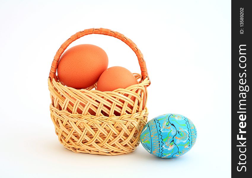 An image of easter eggs in a little basket. An image of easter eggs in a little basket