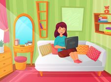 Girl Student Bedroom. Teenager Apartment Room, Online Study At Home And Woman Student Reading On Laptop Computer Cartoon Stock Image