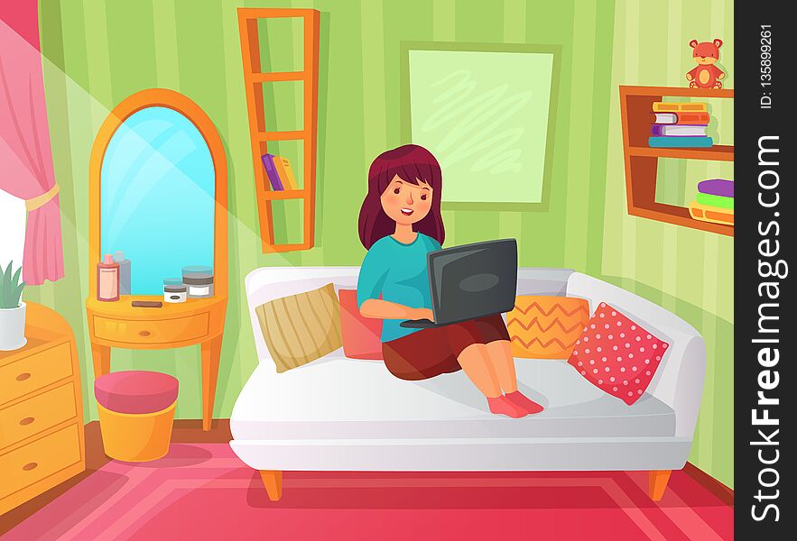 Girl student bedroom. Teenager apartment room, online study at home and woman student reading on laptop computer cartoon