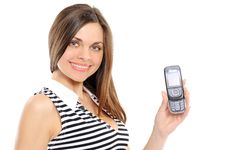 Portrait Of A Happy Woman Showing Her New Phone Stock Photos