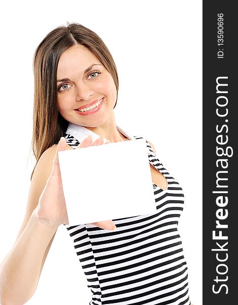 Beautiful girl holding empty white board on a white background