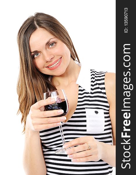 The young beautiful woman with a glass of wine on a white background. The young beautiful woman with a glass of wine on a white background