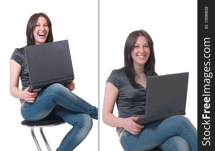 Cheerful young lady with a laptop isolated on a white