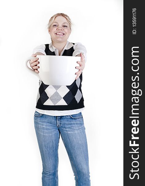 Happy woman with coffee cup