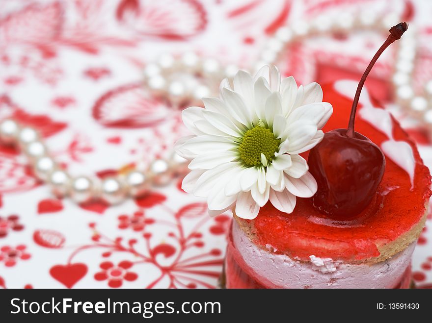 Sweet Fruit Red Cake With Cherry  And Camomile