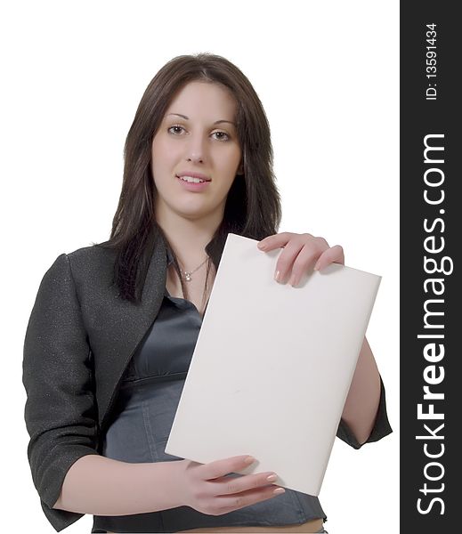 Cheerful Young Business Lady With A Clear Poster