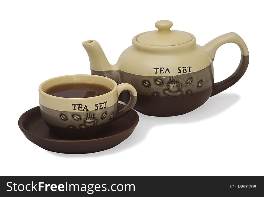 Ceramic cup and teapot on white. Ceramic cup and teapot on white