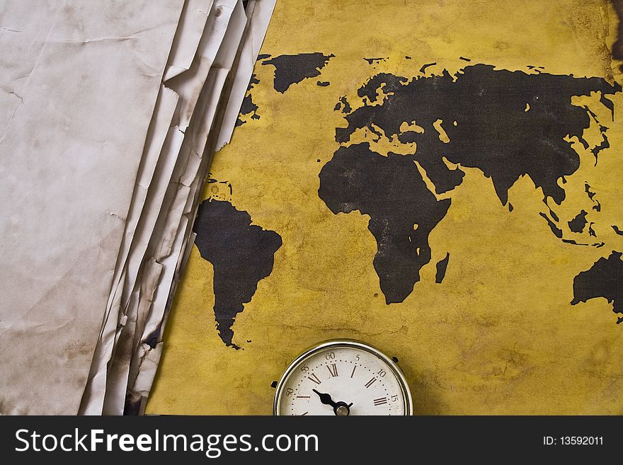 Old world map with old clock. Old world map with old clock