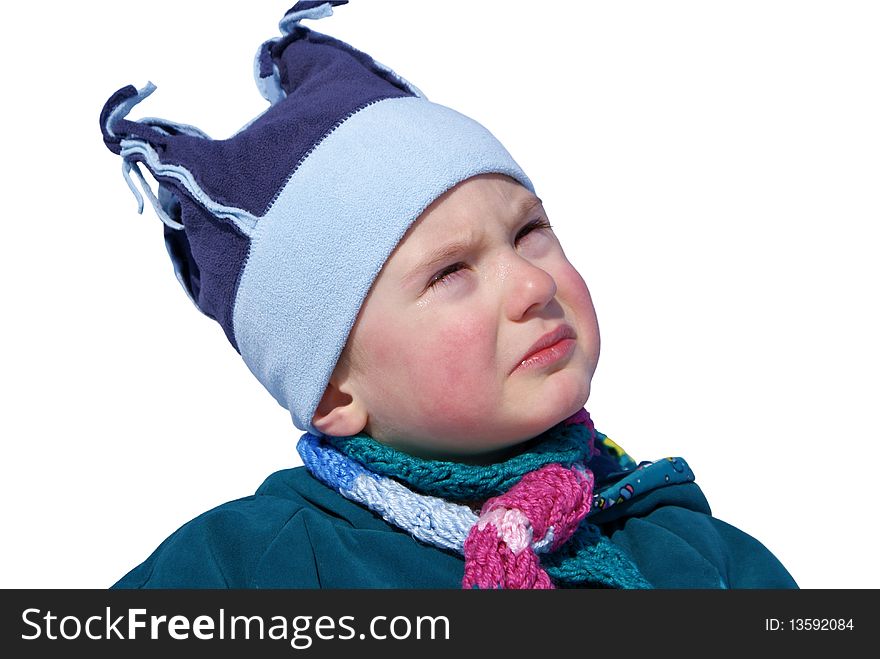 Crying Boy Looks Up, Isolated