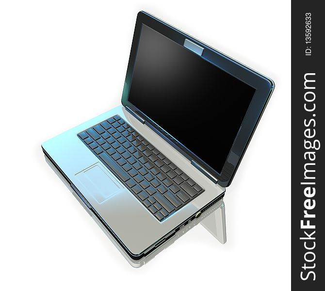 On 3d image render of laptop on white mirrow background