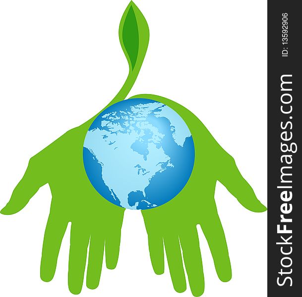 An illustration of hands holding the world and a plant is growing. An illustration of hands holding the world and a plant is growing