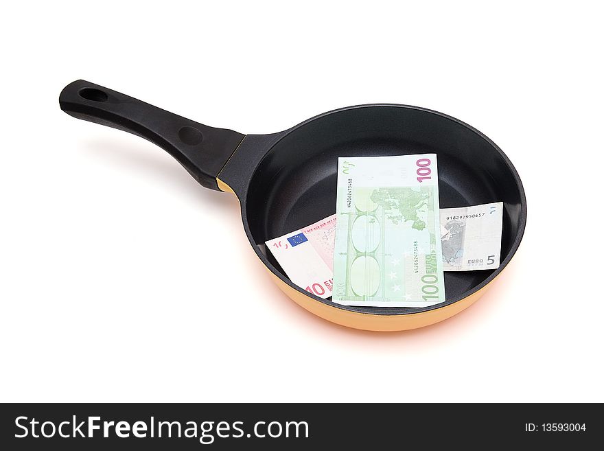 Frying Pan With Euro Bills Isolated