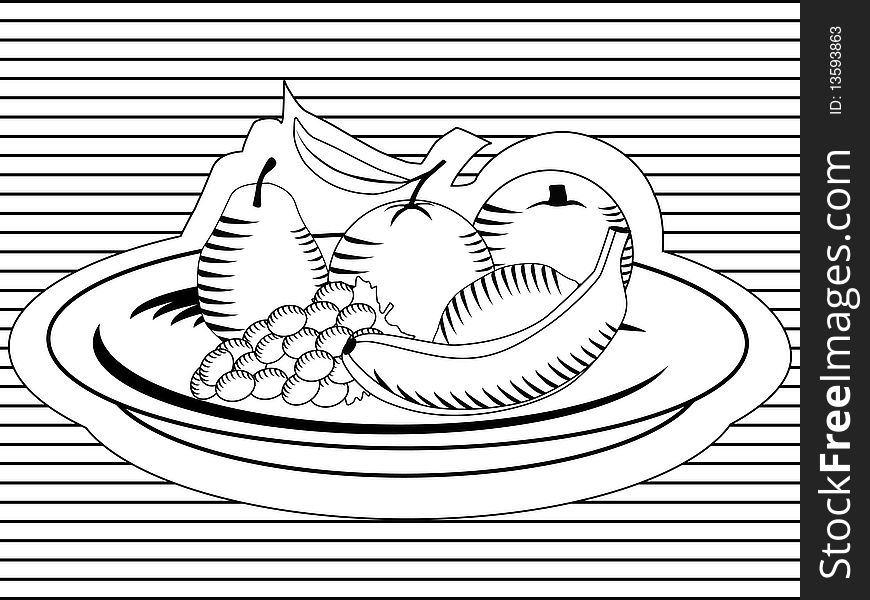 Vector illustration of a black and white fruit plate. Vector illustration of a black and white fruit plate