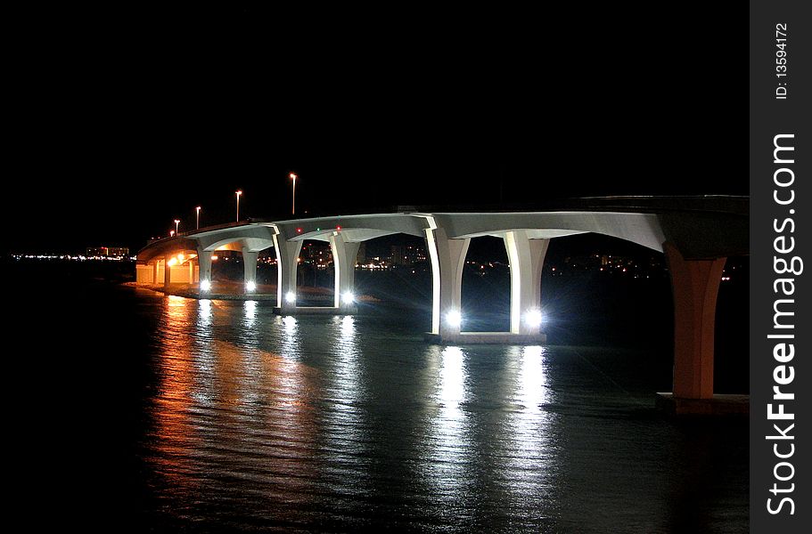 The memorial bridge in Clearwater Florida lit up at night. The memorial bridge in Clearwater Florida lit up at night.