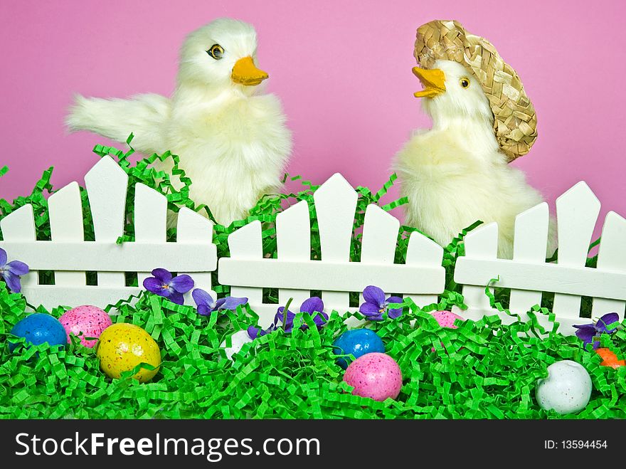 Pair of ducklings with Easter eggs. Pair of ducklings with Easter eggs.