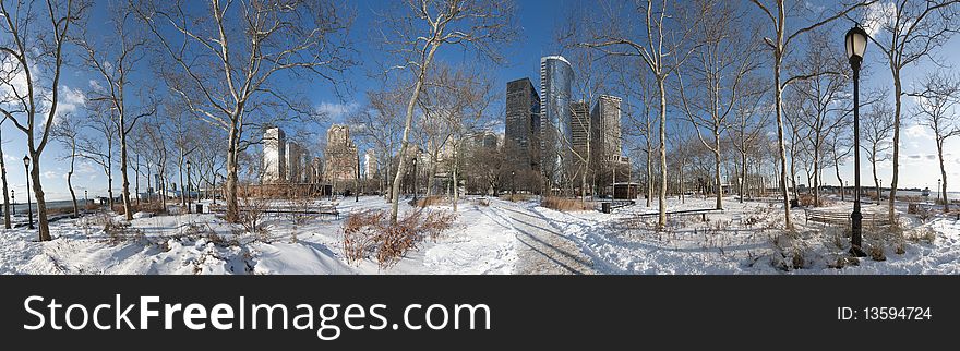 Battery Park under december's snow.