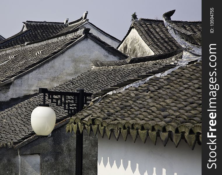 A view of the rooftops in the town of Zhouzhuang, Jiansu province, China