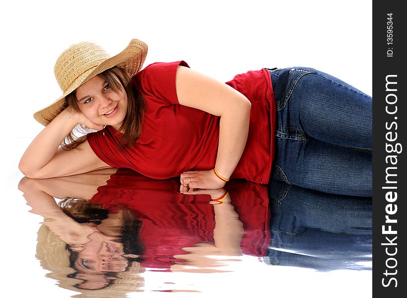 A casual and relaxied young teen with a watery reflection. Isolated on white. A casual and relaxied young teen with a watery reflection. Isolated on white.