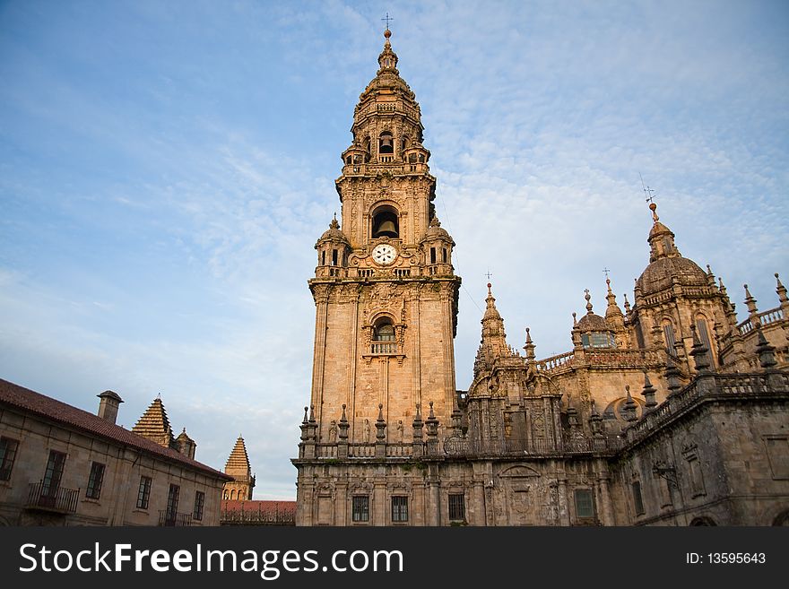 Santiago de Compostela Cathedral  illuminated by the rays of the rising sun