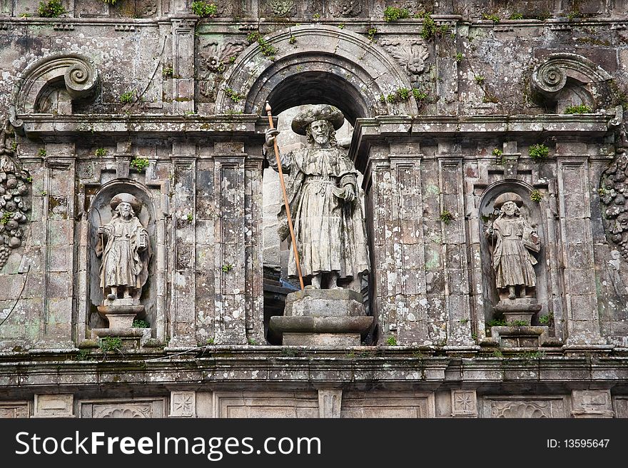Three stone statues of kings over the entrance to the cathedral in Santiago de Compostela Cathedral