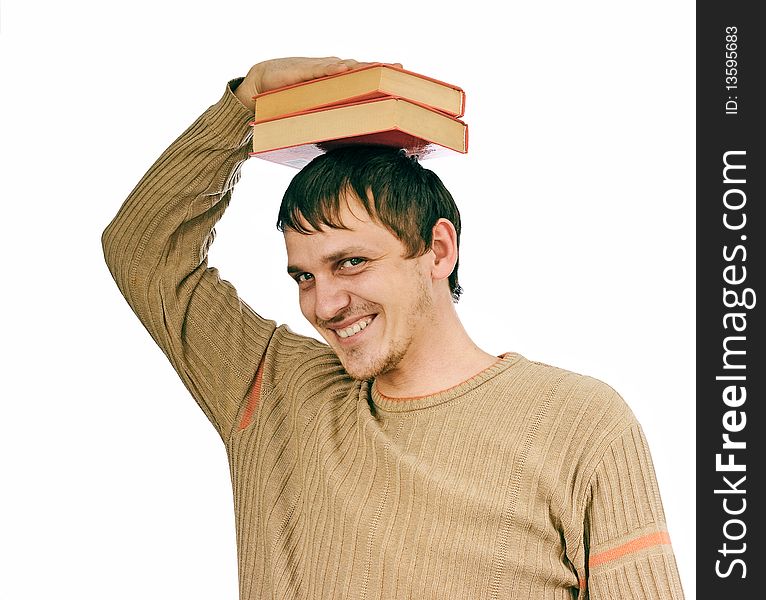 Student with two books on a head isolated on white. Student with two books on a head isolated on white