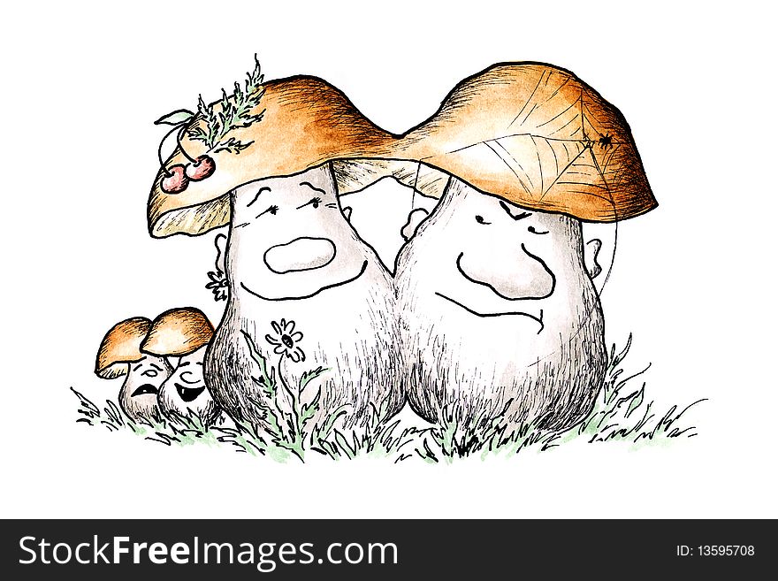 Comic water colour drawing: a family of mushrooms on walk