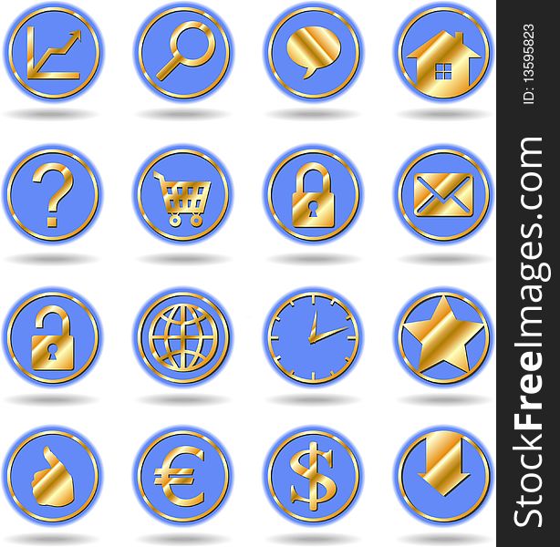 Collection of gold blue web buttons on a white background. Collection of gold blue web buttons on a white background