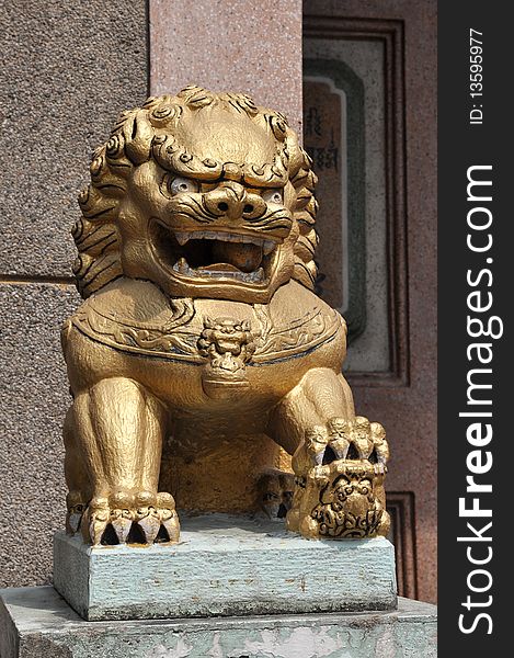 Stone lion statue. One of the shrines. Stone lion statue. One of the shrines.