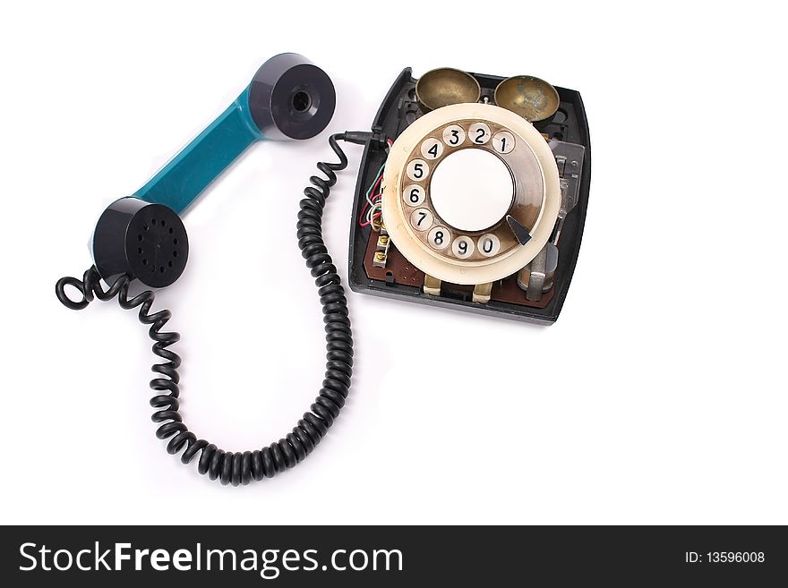 Old green phone on white background