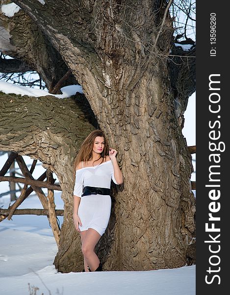 Fashion Model In Winter Forest