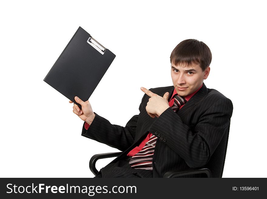 Young businessman sitting on chair against white background