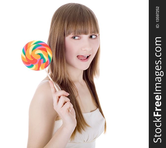 Picture of happy blondie with color lollipop. Picture of happy blondie with color lollipop