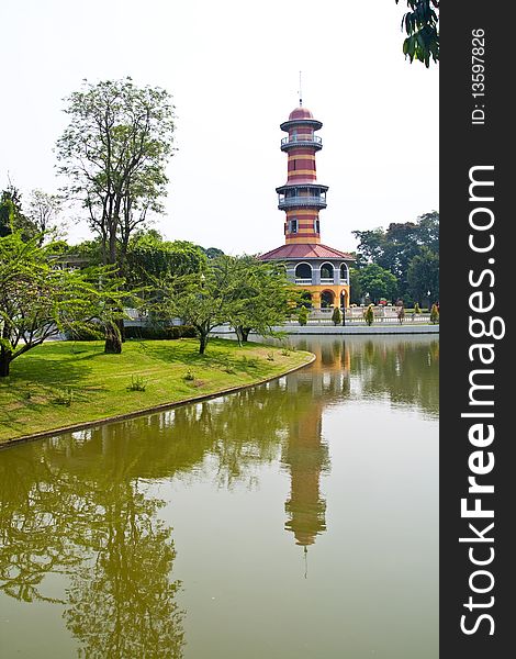 The royal historic observatory with reflection at Bang-pa-in palace, Thailand