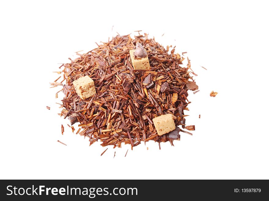 Handful of tea on white background (close up)