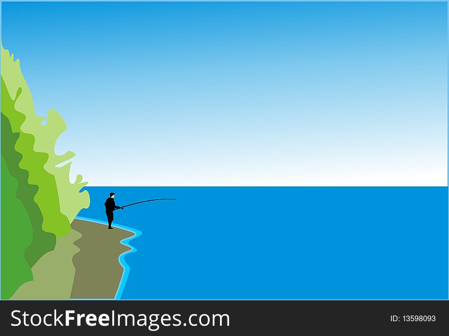 Vector llustration - fishing on lake. The fisherman with a fishing tackle costs ashore. Vector llustration - fishing on lake. The fisherman with a fishing tackle costs ashore