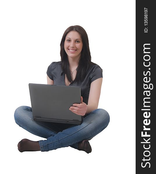 Cheerful young lady with a laptop isolated on a white