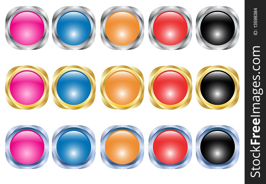 Metallic multicolored round buttons on a white background. Metallic multicolored round buttons on a white background