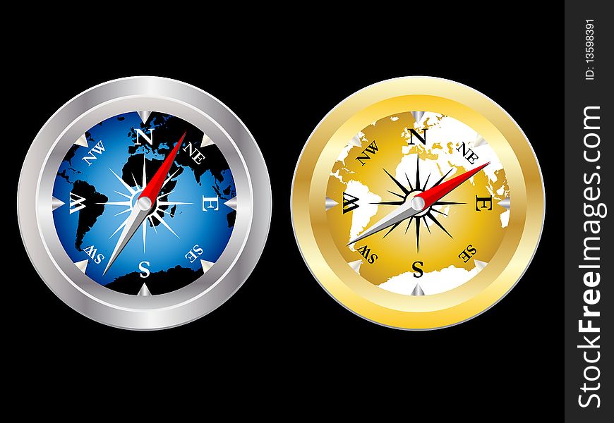 Two colored compasses on a black background