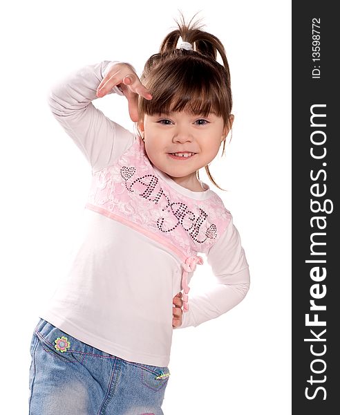 Happy little girl. Funny child isolated on white background. Beautiful caucasian model.