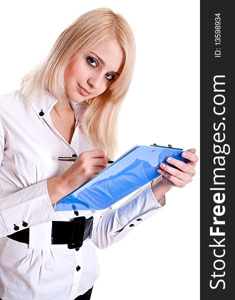 Business woman in a suit with clipboard on a white background