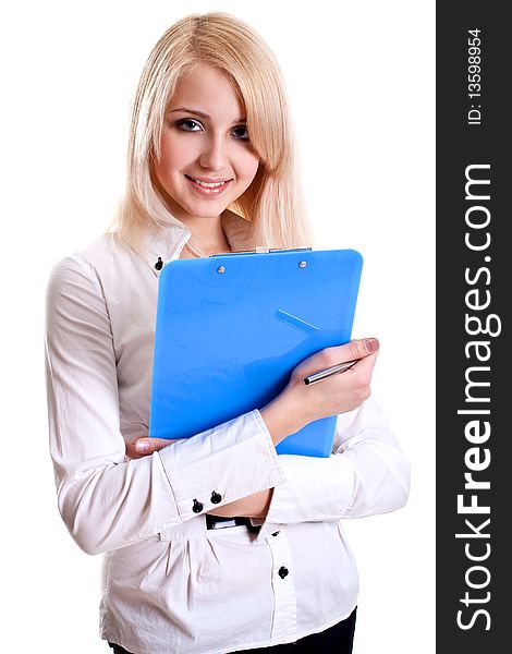 Business woman in a suit with clipboard on a white background