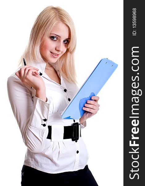 Business woman in a suit with clipboard on a white background