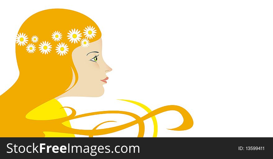 Woman face illustration with flowers in her hairs. Woman face illustration with flowers in her hairs
