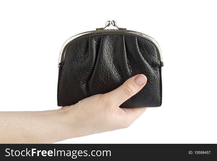 Black purse in the hands of a white background